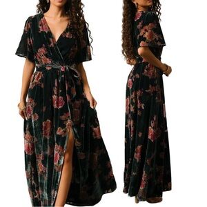 Baltic Born Uma Maxi Dress Burnout Velvet Short Sleeve Lagoon Floral Blue Pink S